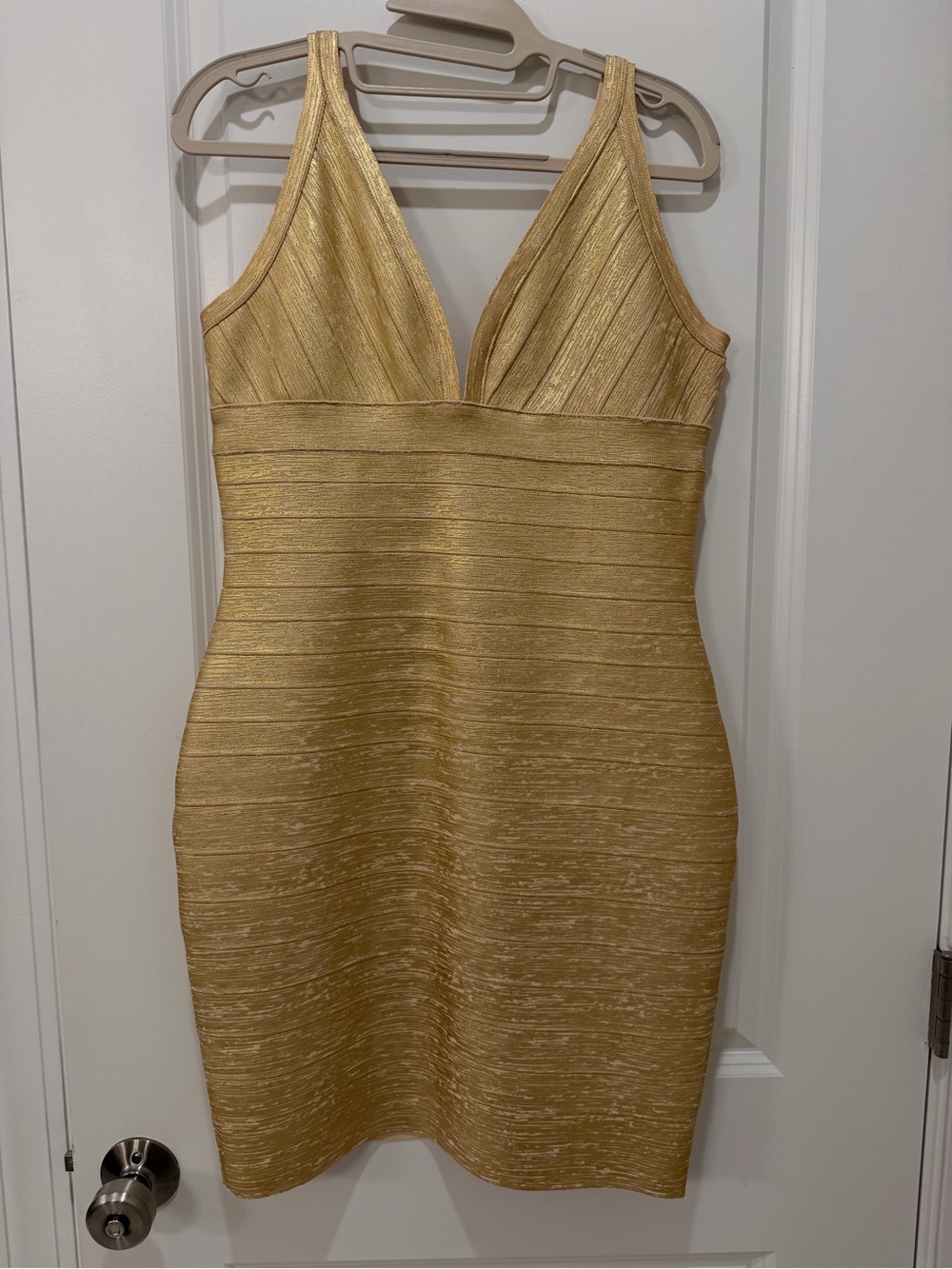 Sleeveless Gold Plunging Mini Dress